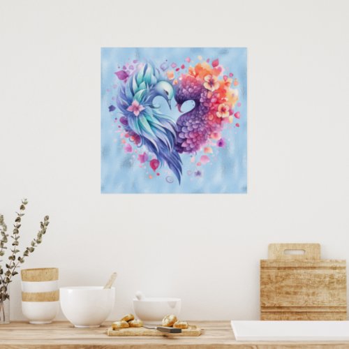 Fairy Tale Heart Shaped Bird Feathers Poster