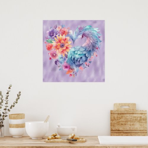 Fairy Tale Heart Shaped Bird Feathers Poster