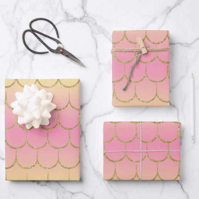 Fairy Tale Mermaid Scales Pastel Gradient Pattern Wrapping Paper Sheets (Front)