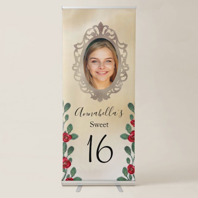 Fairy Tale Party Magic Mirror Photo & Red Roses Retractable Banner (Front)