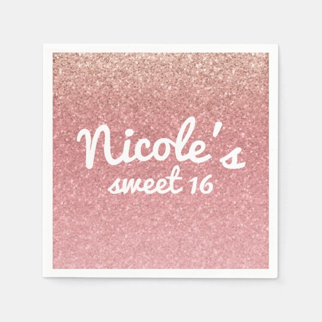 Fairy Tale Pink Glitter Sweet 16 Birthday Party Paper Napkins (Front)