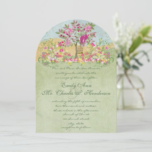 Swirled Pink Green Flower Love Birds Tree Wedding Invite