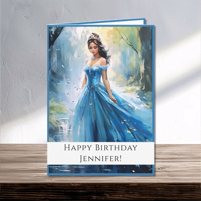 Fairy Tale Princess in Blue Happy Birthday Name Card (Creator Uploaded)