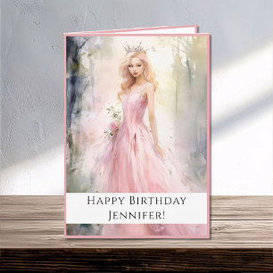 Fairy Tale Princess in Pink Happy Birthday Name Card