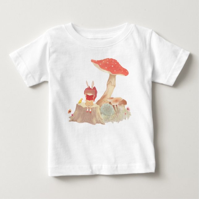 Fairy Tale Reading: Bunny Girl Under Red Mushroom Baby T-Shirt (Front)