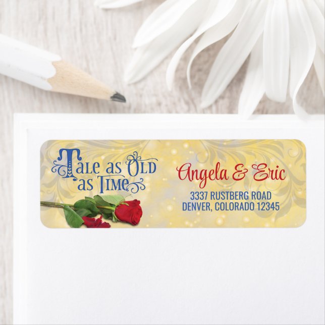 Fairy Tale Red Rose Blue Gold Wedding Label (Insitu)