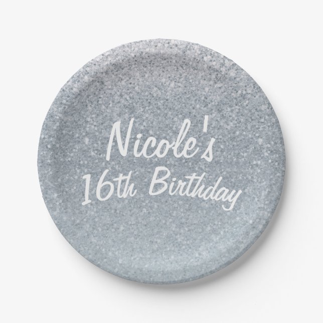 Fairy Tale Silver Glitter Sparkle Party Favor Glam Paper Plates (Front)
