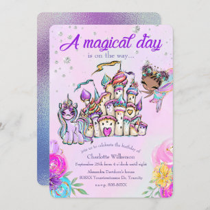 Fairy Tale Theme Castle and Rainbow Unicorn Invitation