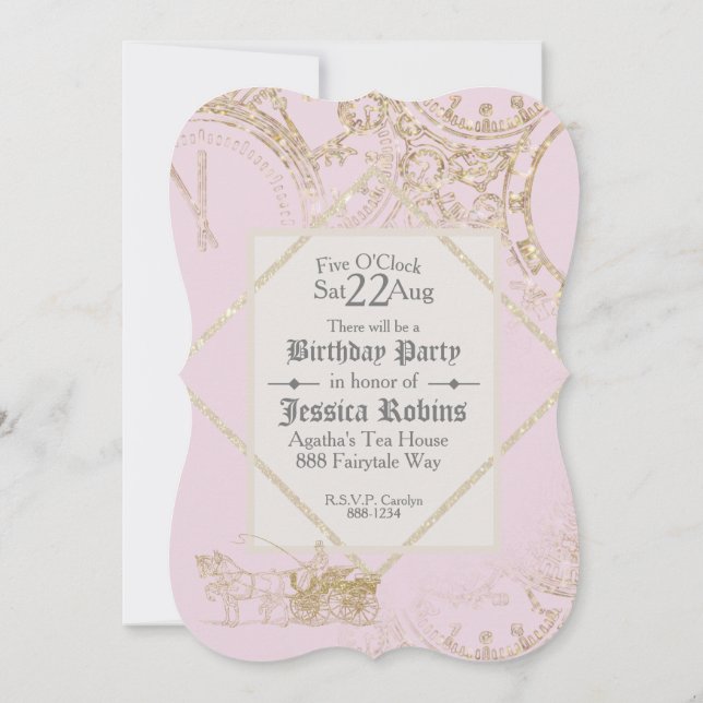 Fairy Tale Theme Castle Carriage Gold Glitter Pink Invitation (Back)
