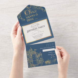 Fairy Tale Theme Castle Carriage Gold & Navy Blue All In One Invitation