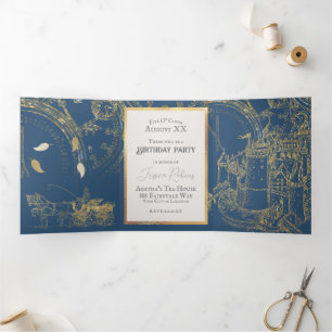 Fairy Tale Theme Castle Carriage Gold & Navy Blue Tri-Fold Invitation