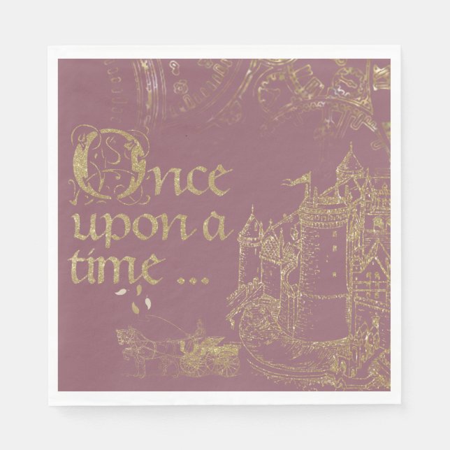 Fairy Tale Theme Castle Carriage Gold on Blush Napkins (Front)