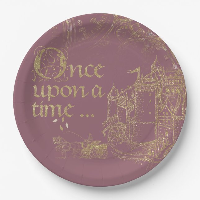 Fairy Tale Theme Castle Carriage Gold on Blush Paper Plates (Front)