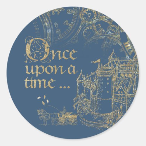 Fairy Tale Theme Castle Carriage Gold on Navy Blue Classic Round Sticker