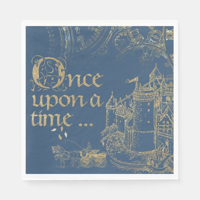 Fairy Tale Theme Castle Carriage Gold on Navy Blue Napkins (Front)