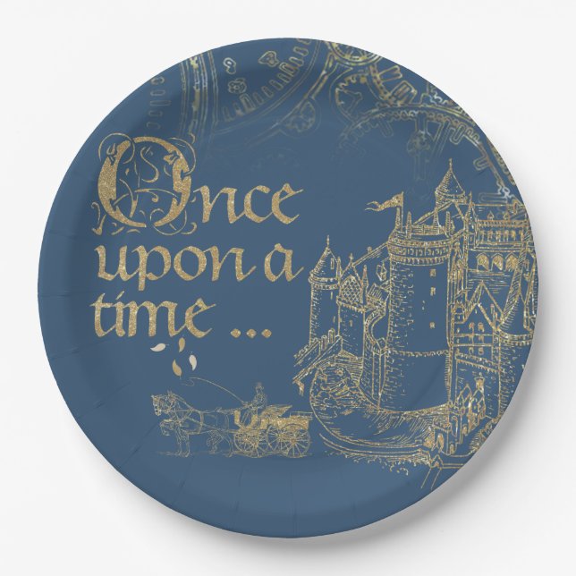 Fairy Tale Theme Castle Carriage Gold on Navy Blue Paper Plates (Front)