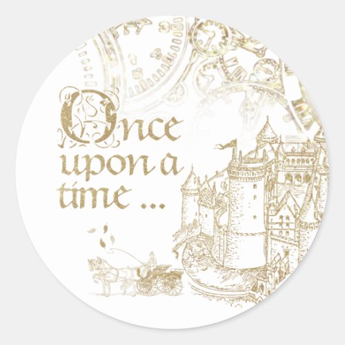 Fairy Tale Theme Castle Carriage Gold on White Classic Round Sticker