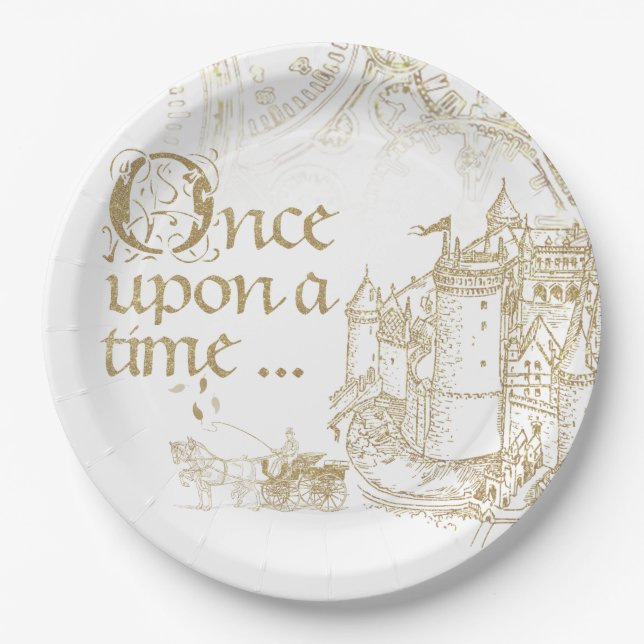 Fairy Tale Theme Castle Carriage Gold on White Paper Plates (Front)
