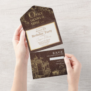 Fairy Tale Theme Gold Castle on Vintage Leather All In One Invitation
