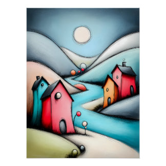 Fairy-tale village landscape with glowing moon poster