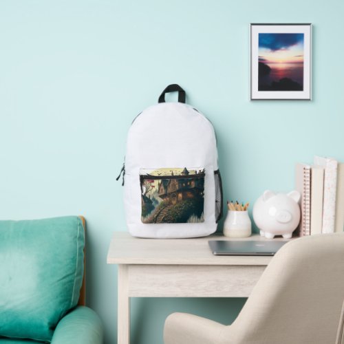 fairy tale village with a castle T_Shirt  Printed Backpack