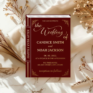 Fairy Tale Whimsical Book Cover Burgundy Wedding Foil Invitation