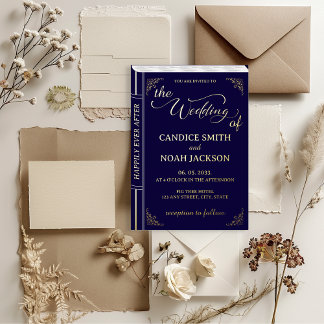 Fairy Tale Whimsical Book Cover Navy Blue Wedding Foil Invitation
