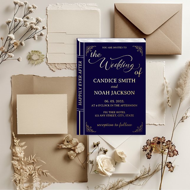 Fairy Tale Whimsical Book Cover Navy Blue Wedding Foil Invitation (Fairy Tale Navy Blue & Gold Book Cover - once upon a time, happily ever after wedding invitation)
