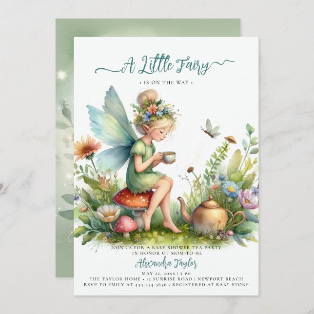 Fairy Tea Cup Wildflower Mushroom Baby Girl Shower Invitation (Front/Back)