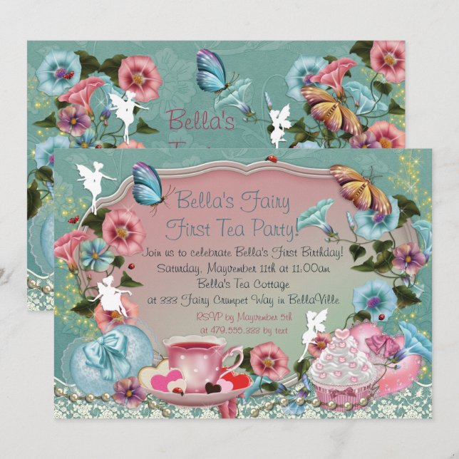 Fairy Tea Party Birthday Invitations (Front/Back)