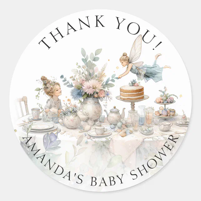 Fairy Tea Party Floral Thank You Baby Girl Shower Classic Round Sticker ...