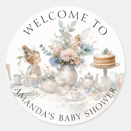 Fairy Tea Party Floral Welcome Baby Girl Shower Classic Round Sticker