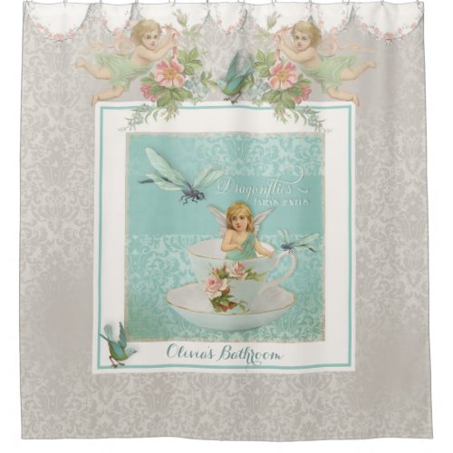 Fairy Teacups w Birds n Dragonflies Lace Damask Shower Curtain
