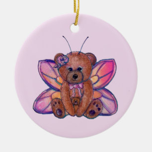Fairy teddy bear art for kids by Renee Lavoie  Ceramic Ornament