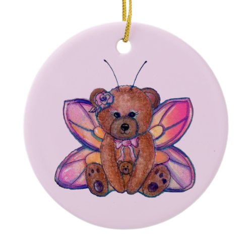 Fairy teddy bear art for kids by Renee Lavoie  Ceramic Ornament