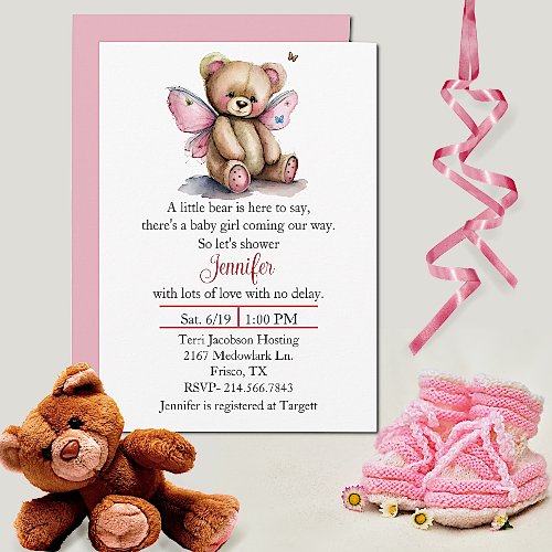 Fairy Teddy Bear Girls Baby Shower Invitation