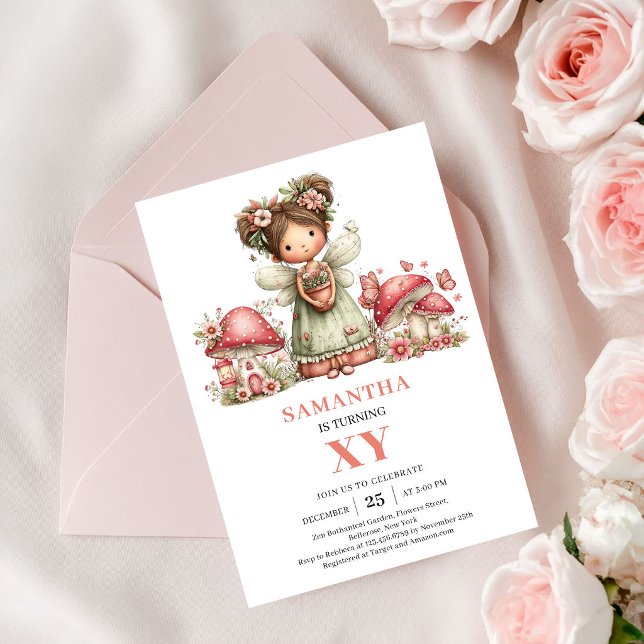 Fairy Theme 6th Birthday Pink Mushroom Invitation (Fairy Theme 6th Birthday Pink Mushroom Invitation)
