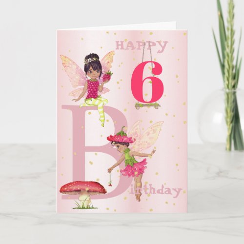 Fairy Theme Girl Dark Hair Pink Child Age Birthday Card