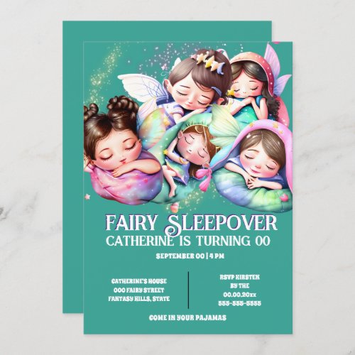 Fairy theme sleepover girly girls cartoon slumber invitation