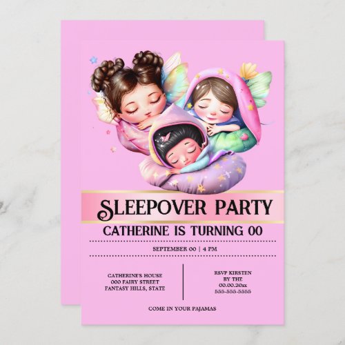 Fairy theme sleepover slumber party girls pink invitation