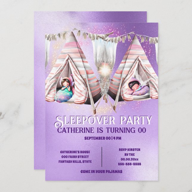 Fairy theme teepee purple shine sleepover slumber invitation (Front/Back)