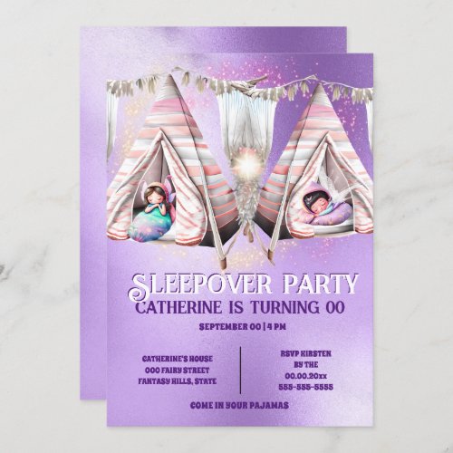 Fairy theme teepee purple shine sleepover slumber invitation