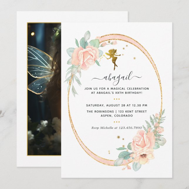 Fairy-Themed Floral Blush and Gold Birthday Party Invitation (Front/Back)