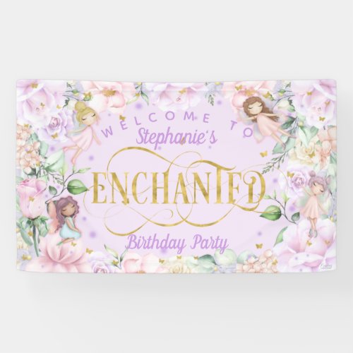 Fairy themed pink purple flowers birthday backdrop banner