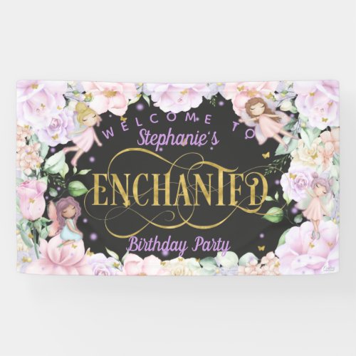 Fairy themed pink purple flowers birthday backdrop banner