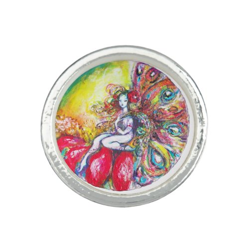 FAIRY TITANIA AND RED FLOWER Yellow Pink Sparkles Ring