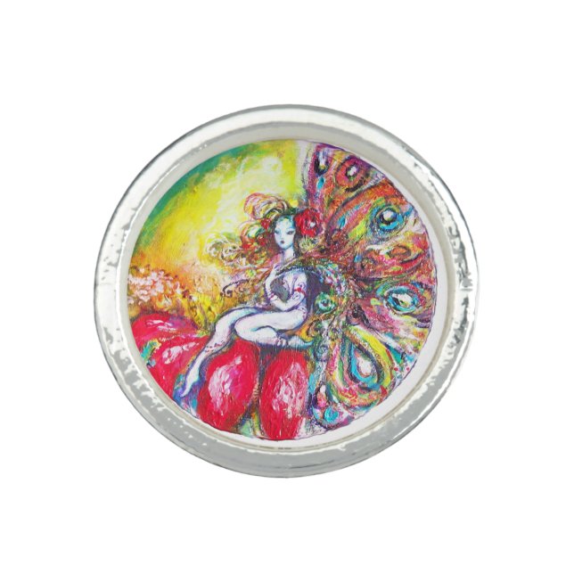 FAIRY TITANIA AND RED FLOWER Yellow Pink Sparkles Ring (Front)