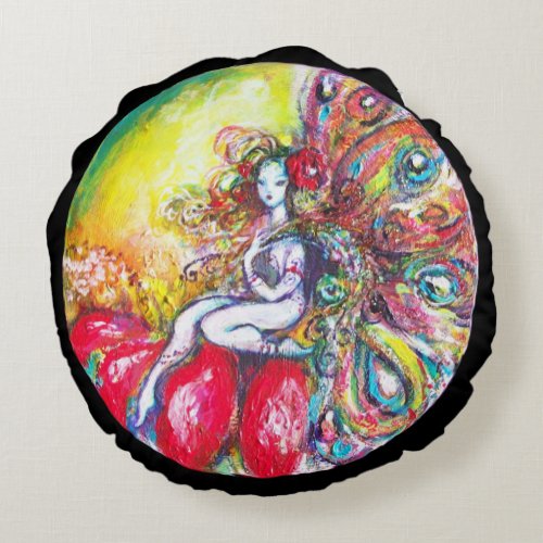 FAIRY TITANIA AND RED FLOWER Yellow Pink Sparkles Round Pillow