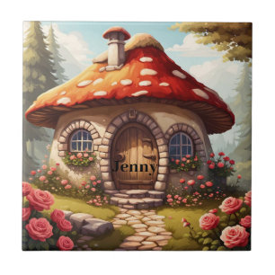 Fairy Toadstool House. Editable name Ceramic Tile