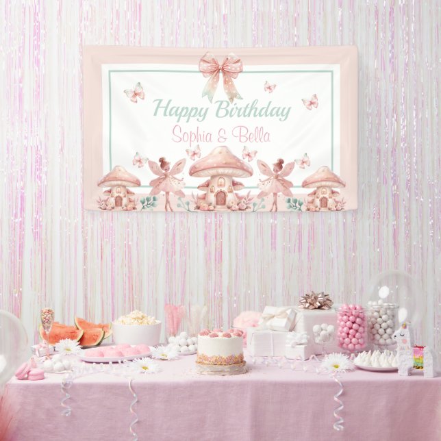 Fairy Twins Mushroom House Birthday Banner (Party)